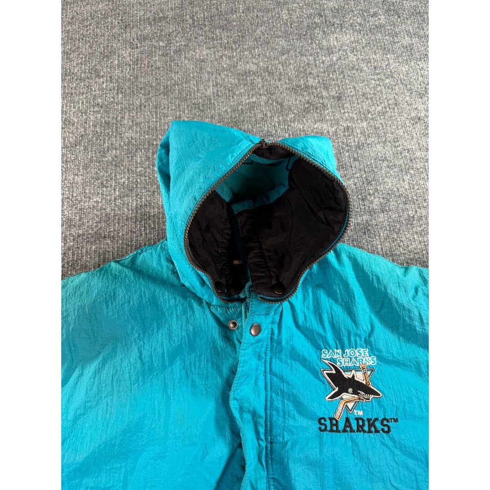 Vintage San Jose Sharks Jacket Mens Medium Teal Competitor 90s NHL Puffer Hooded - Picture 7 of 14
